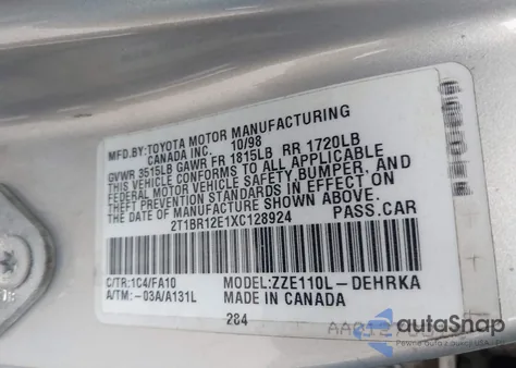 1999 Toyota Corolla Ve из США, поврежденный, VIN 2T1BR12E1XC128924